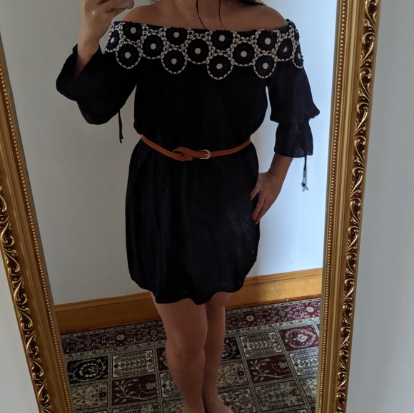 LOFT Off shoulder navy crepe dress XSP - Picture 3 of 7